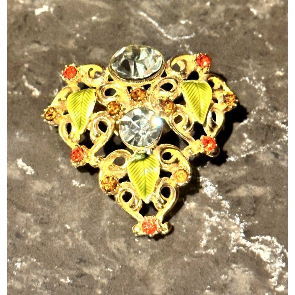 RIVOLI AB ART DECO BROOCH OR PENDANT GOLD GREEN ENAMEL AMBER RHINESTONES MCM EUC - Picture 4 of 7